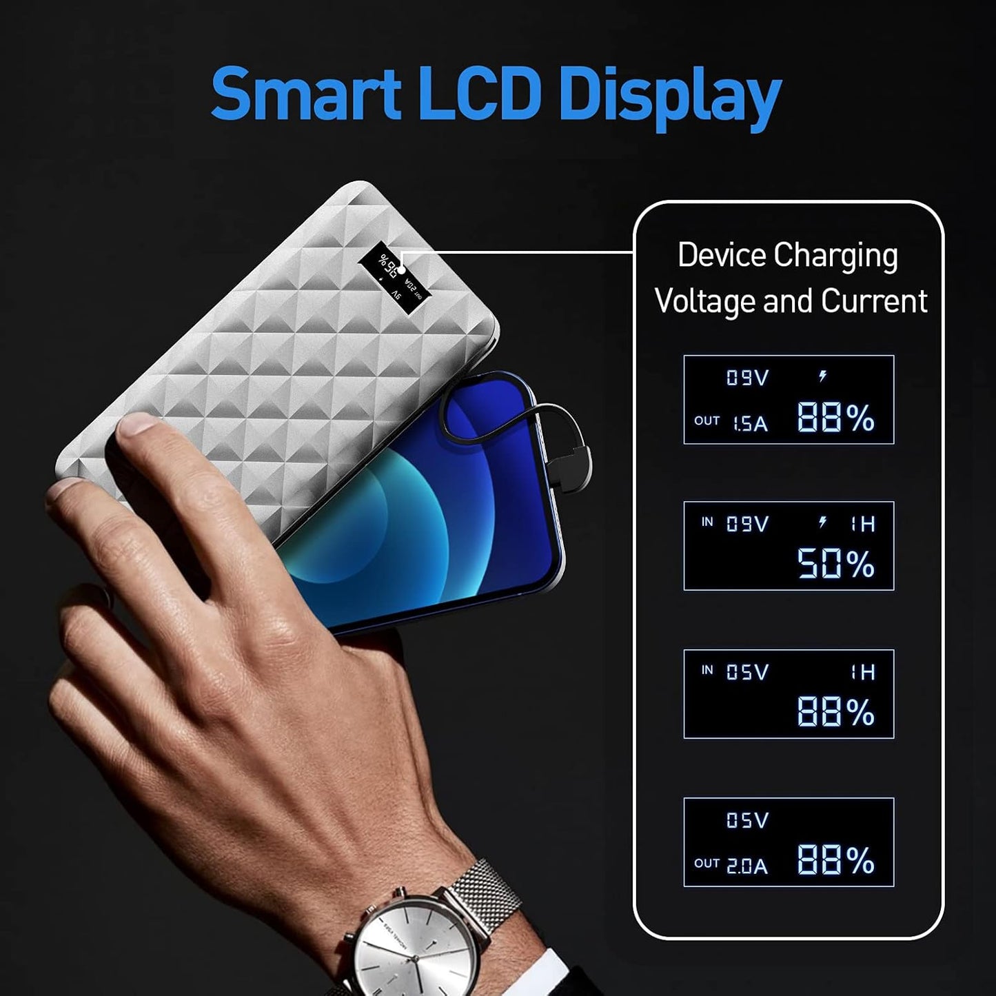 Portable Charger 10000Mah Power Bank Ultra Slim Charger with PD 18W Built in USB C Cable and Cable Compatible with Iphone 14/13 Pro Max/12/12 Mini/Pro Max 11/X/Samsung S20 Galaxy, and More