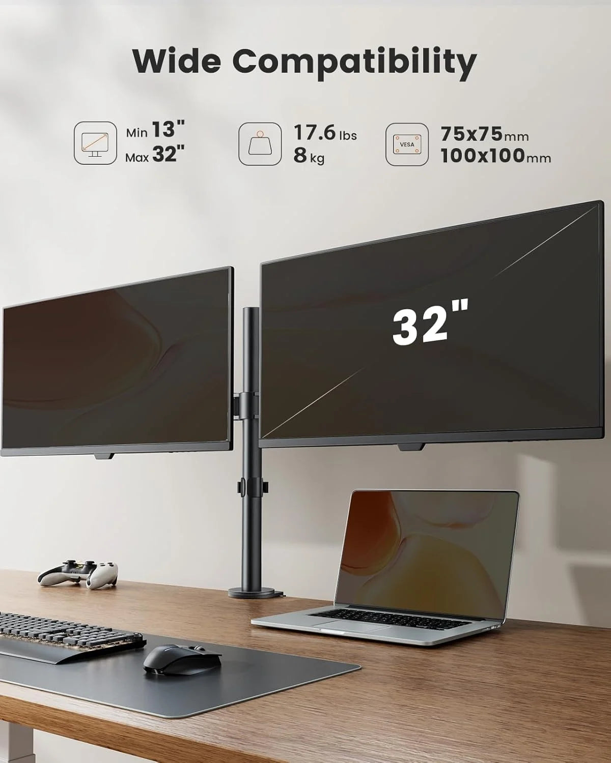 Dual Monitor Stand for 13" to 32" Fully Adjustable Monitor Mount Stand Fits up to 17.6 Lbs per Arm
