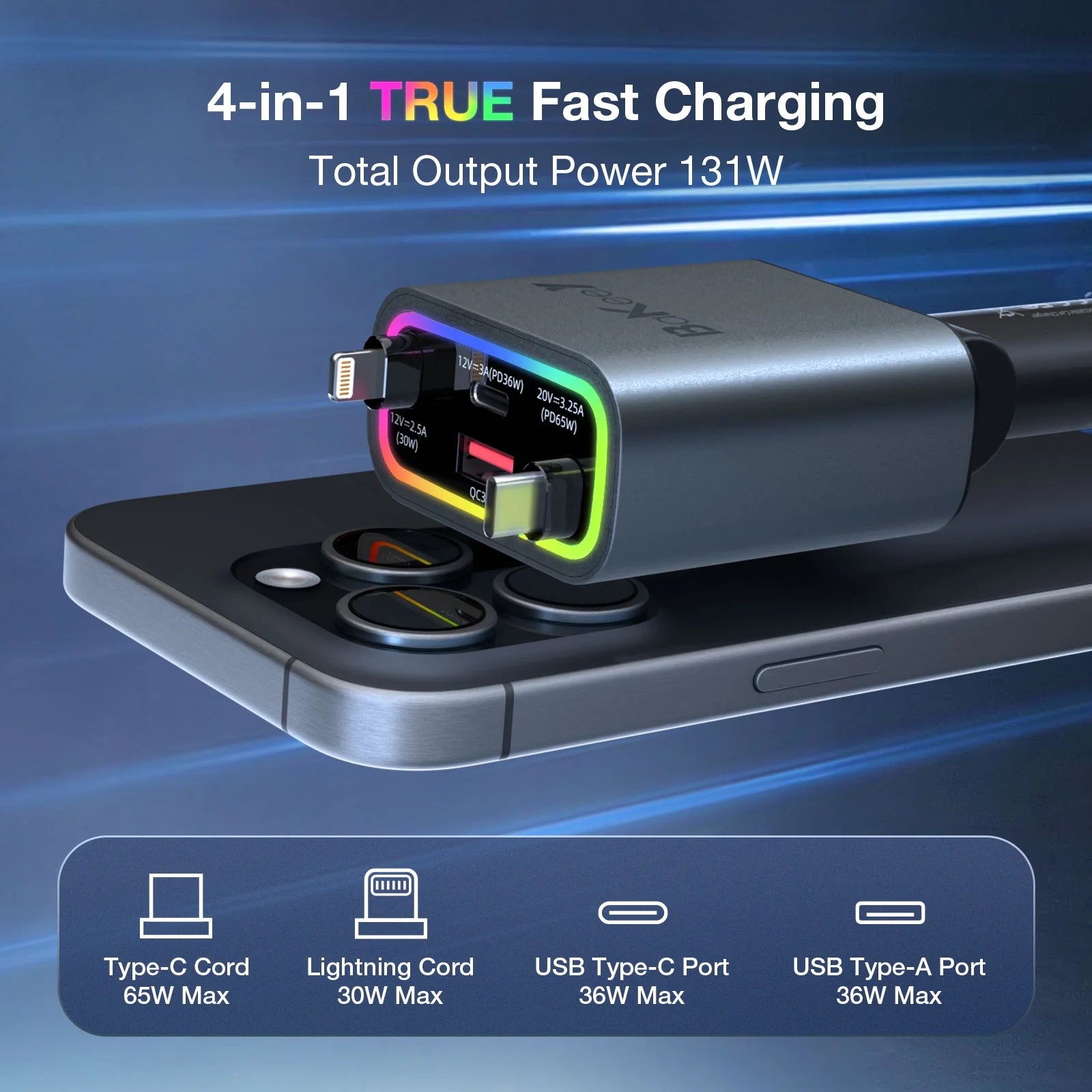 4 in 1 Retractable Car Charger, 131W Cigarette Lighter Adapter USB C, Type C Retractable Fast Charging Car Charger Adapter Multi Port for Iphone16/15/14/13/12/11,Galaxy,Pixel