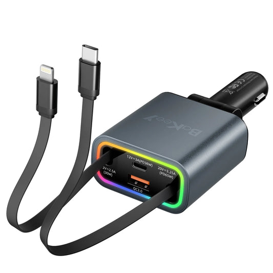 4 in 1 Retractable Car Charger, 131W Cigarette Lighter Adapter USB C, Type C Retractable Fast Charging Car Charger Adapter Multi Port for Iphone16/15/14/13/12/11,Galaxy,Pixel