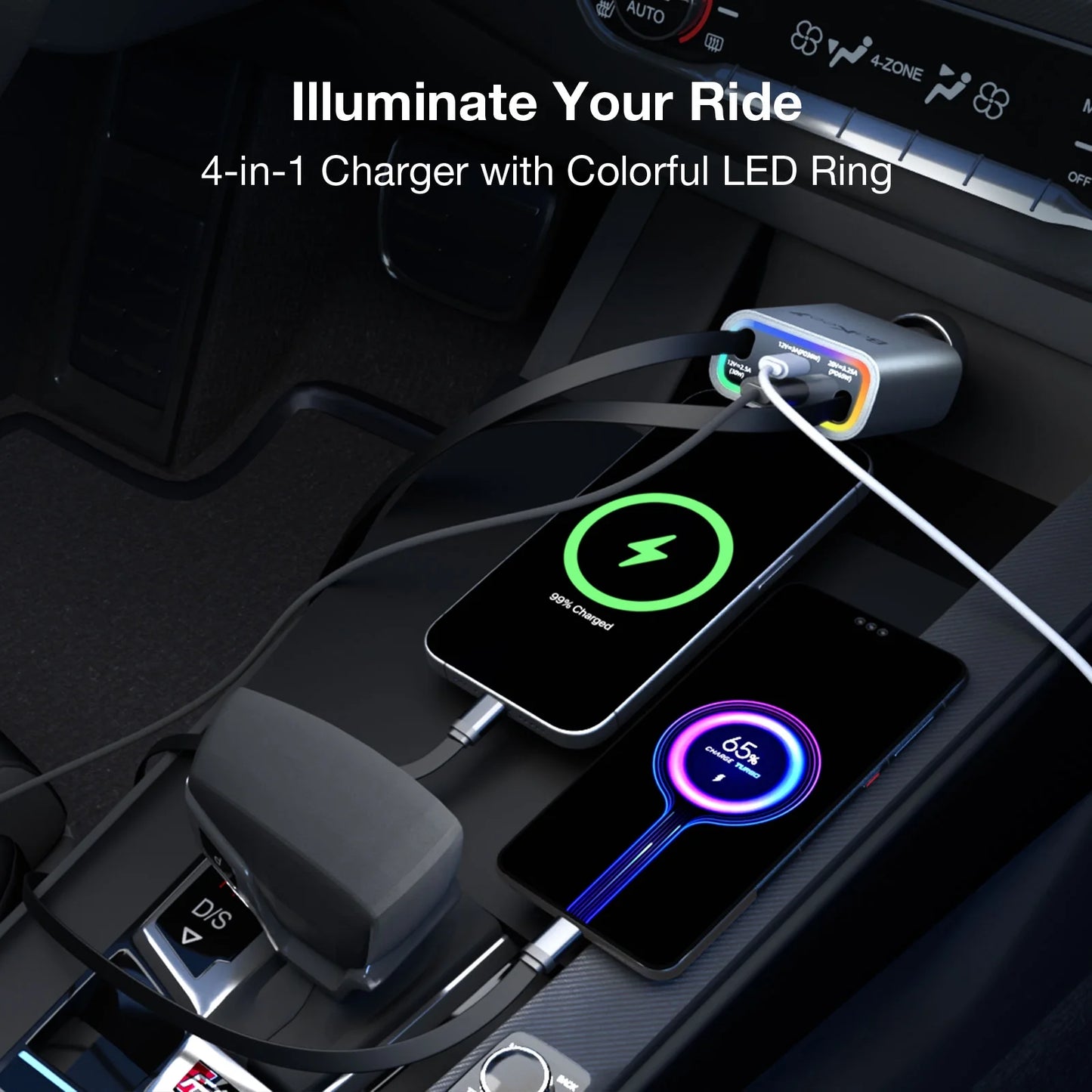 4 in 1 Retractable Car Charger, 131W Cigarette Lighter Adapter USB C, Type C Retractable Fast Charging Car Charger Adapter Multi Port for Iphone16/15/14/13/12/11,Galaxy,Pixel